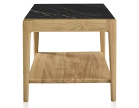 Mesa de centro rectangular de roble y cerámica con estante en madera tinte natural tablero cerámico efecto mármol negro 100x50 cm