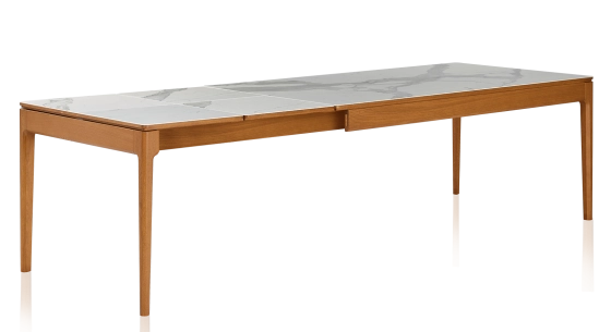 Table extensible 8 à 12 personnes en chêne et céramique allonges céramique avec bois teinte merisier et plateau et allonges céramique effet marbre blanc 210x100 cm