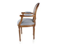 Antique Louis XVI style armchair with armrests aged wood stain and blue chevron fabric