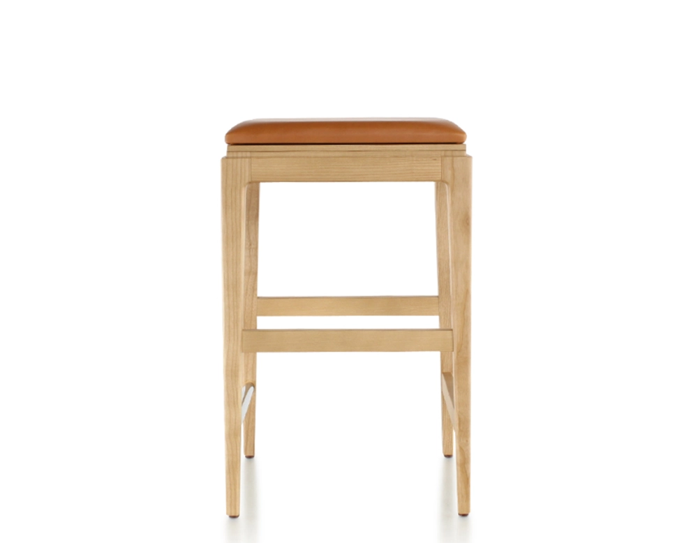 Tabouret de bar design H60 cm bois teinte naturelle assise cuir caramel