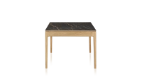Table extensible 8 à 12 personnes en chêne et céramique allonges céramique avec bois teinte naturelle et plateau et allonges céramique effet marbre noir 210x100 cm