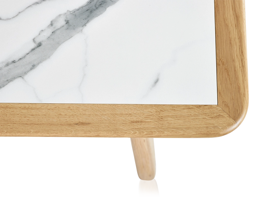 Table basse rectangulaire en chêne et céramique avec bois teinte naturelle plateau céramique effet marbre blanc 100x50 cm