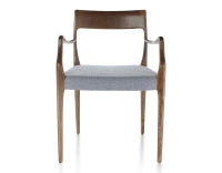 Chaise scandinave avec accoudoirs bois teinte marron foncé assise tissu chevron bleu