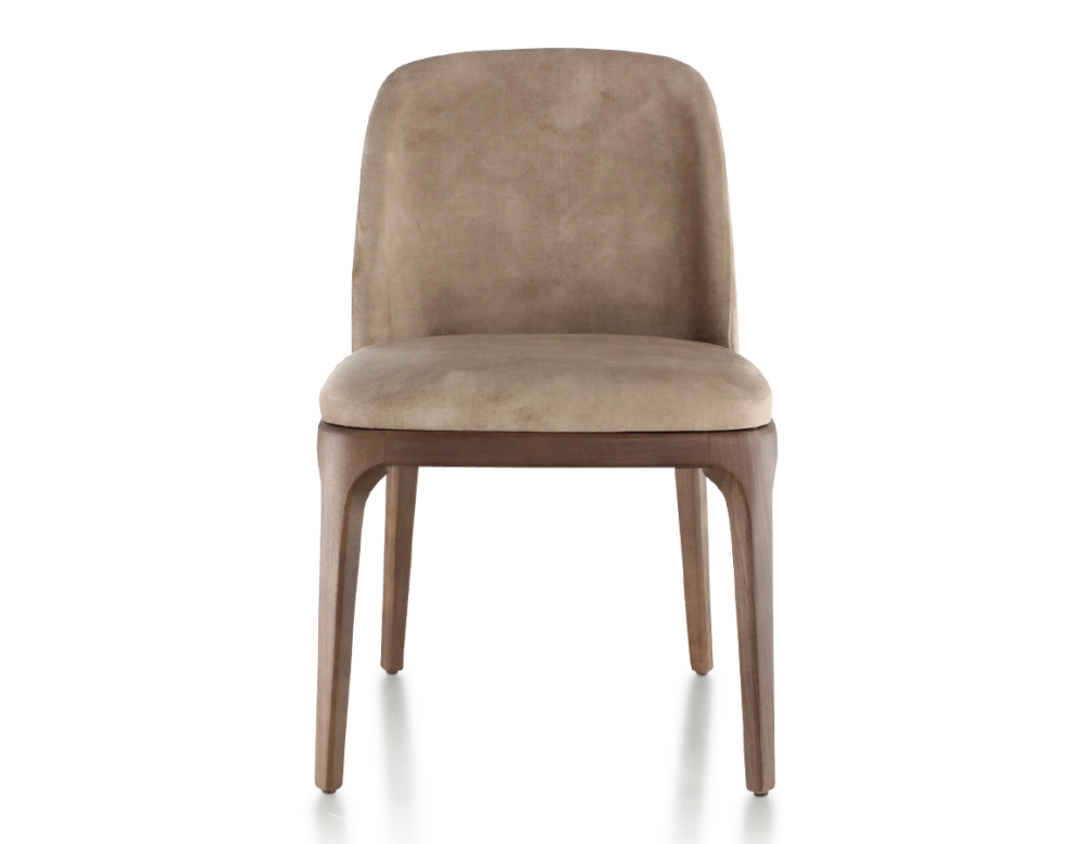 Designer chair dark brown stained wood and light taupe velvet fabric