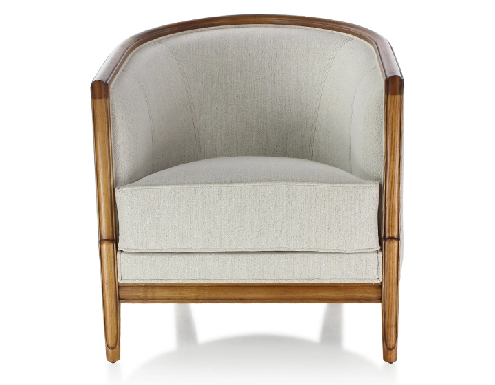 Antique armchair with moulded armrests wood stained antique and natural beige fabric