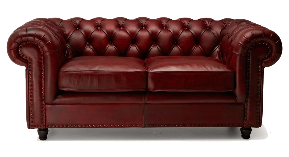Canapé Chesterfield cuir 2 places rouge carmin accoudoirs cloutés