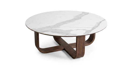 Table basse ronde en chêne et céramique avec bois teinte marron foncé plateau céramique effet marbre blanc 100x100 cm