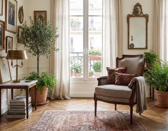 Fauteuil bergère style Louis XVI bois teinte ancienne et tissu chiné beige, gris et orange