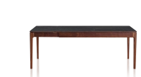 Table extensible 8 à 12 personnes en noyer et céramique allonges céramique avec bois teinte naturelle et plateau et allonges céramique effet ardoise 210x100 cm