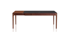 Table extensible 8 à 12 personnes en noyer et céramique allonges bois avec bois teinte naturelle et plateau céramique effet ardoise 210x100 cm