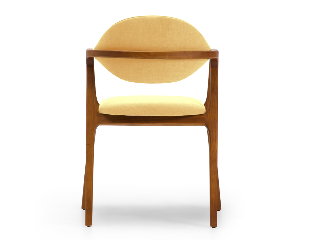 Chaise design avec accoudoirs bois teinte merisier et tissu jaune