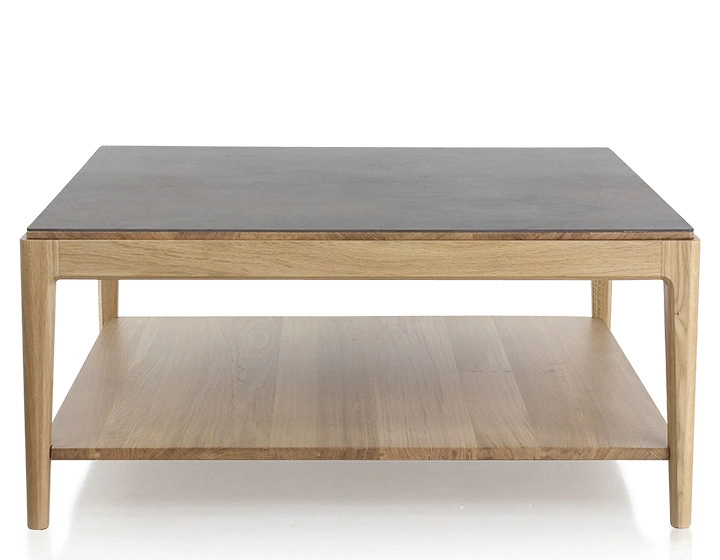 Mesa de centro cuadrada de roble y cerámica con estante en madera tinte natural tablero cerámico marrón oxidado 100x100 cm
