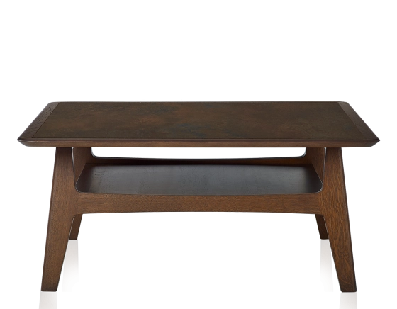 Table basse carrée en chêne et céramique avec bois teinte marron foncé plateau céramique brun oxydé 100x100 cm