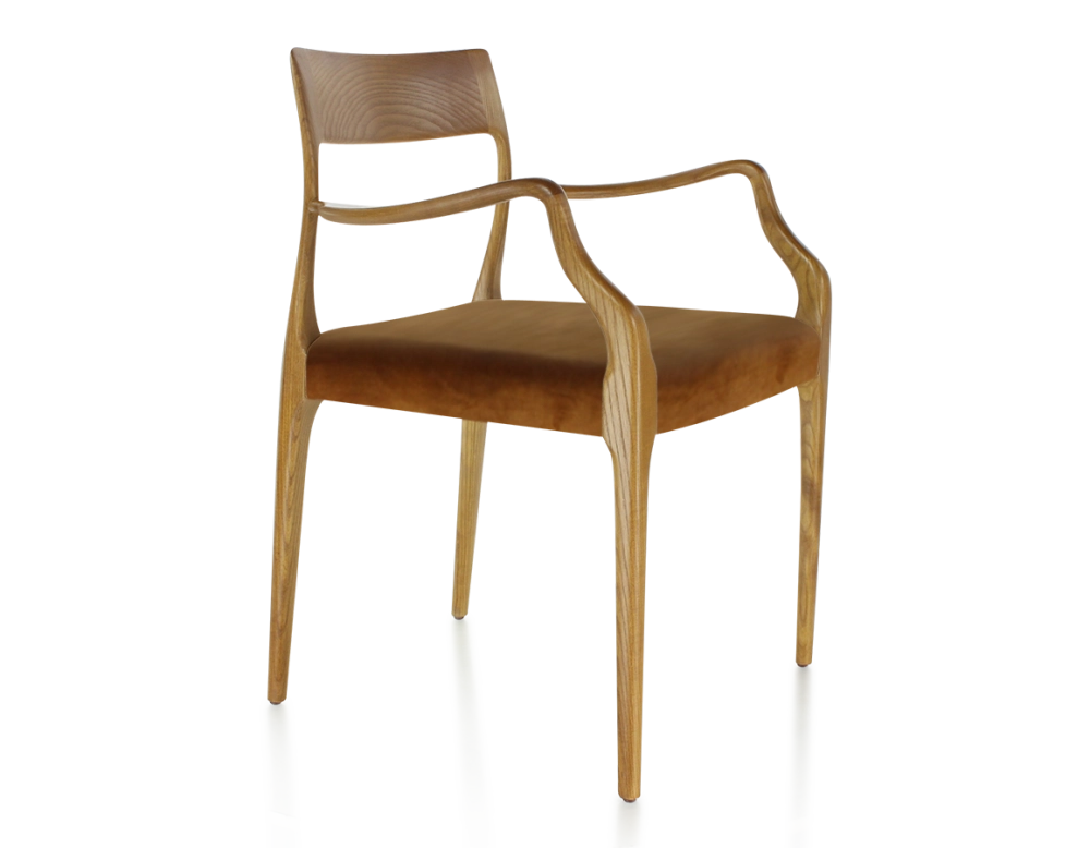 Chaise scandinave avec accoudoirs bois teinte merisier assise tissu velours bronze