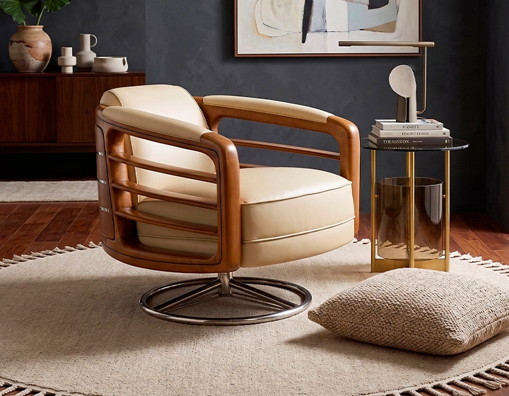 Sillón club de madera y piel beige
