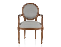 Antique Louis XVI style armchair with armrests wood stained in an antique style and light grey fabric