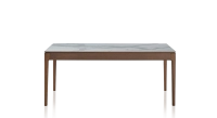 Table extensible 8 à 12 personnes en chêne et céramique allonges bois avec bois teinte marron foncé et plateau céramique effet marbre blanc 180x100 cm
