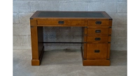 Bureau marine simple caisson 5 tiroirs bois teinte merisier et cuir vert