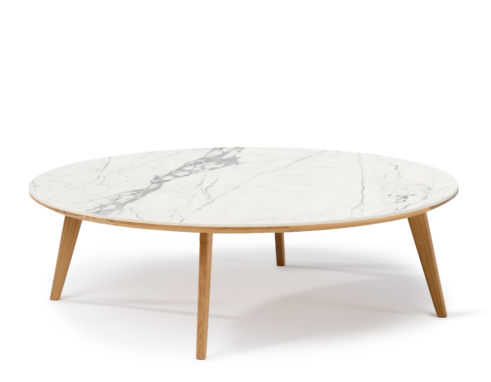 Table basse ronde F1 en chêne et céramique bois teinte naturelle plateau céramique effet marbre blanc 90x90x30 cm