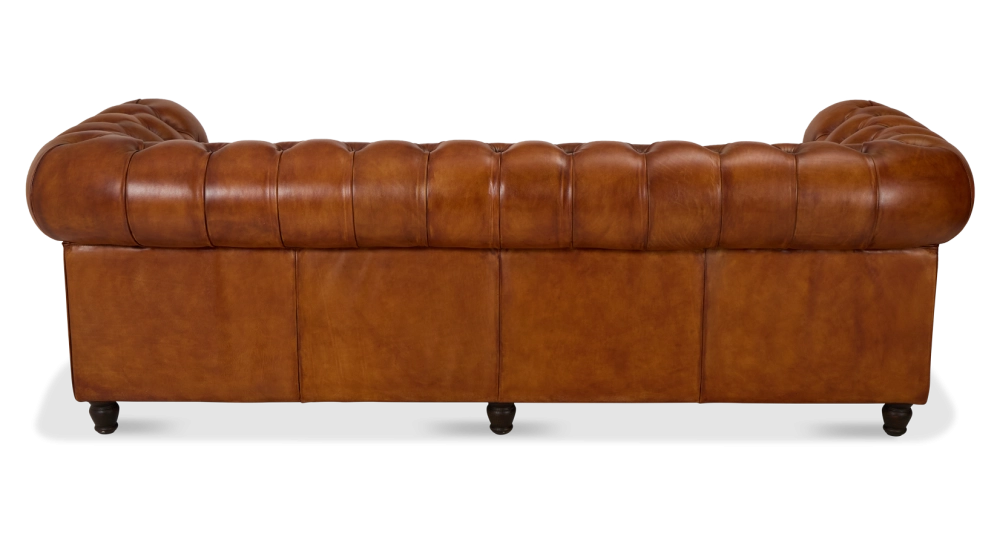Canapé Chesterfield cuir 3 places marron clair accoudoirs cloutés