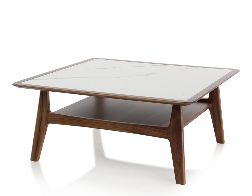 Mesa de centro cuadrada de nogal y cerámica madera tinte natural tablero cerámico efecto mármol blanco 100x100 cm