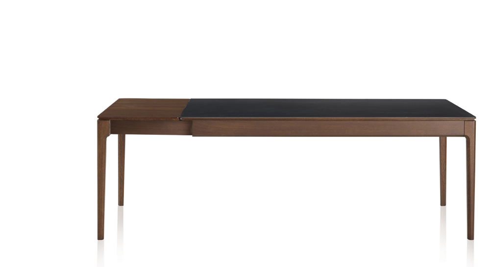 Table extensible 6 à 10 personnes en chêne et céramique allonges bois avec bois teinte marron foncé et plateau céramique noir unie 160x100 cm