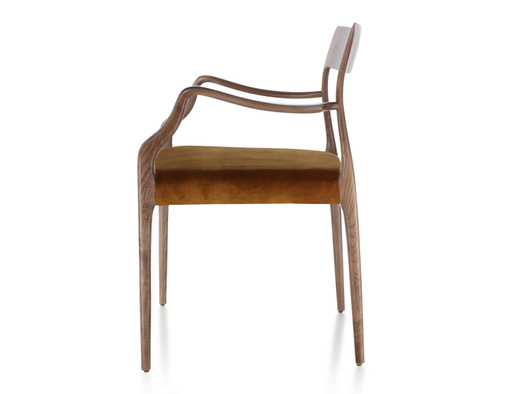 Chaise scandinave avec accoudoirs bois teinte marron foncé assise tissu velours bronze