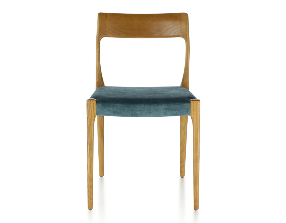 Chaise scandinave bois teinte merisier assise tissu velours bleu pétrole