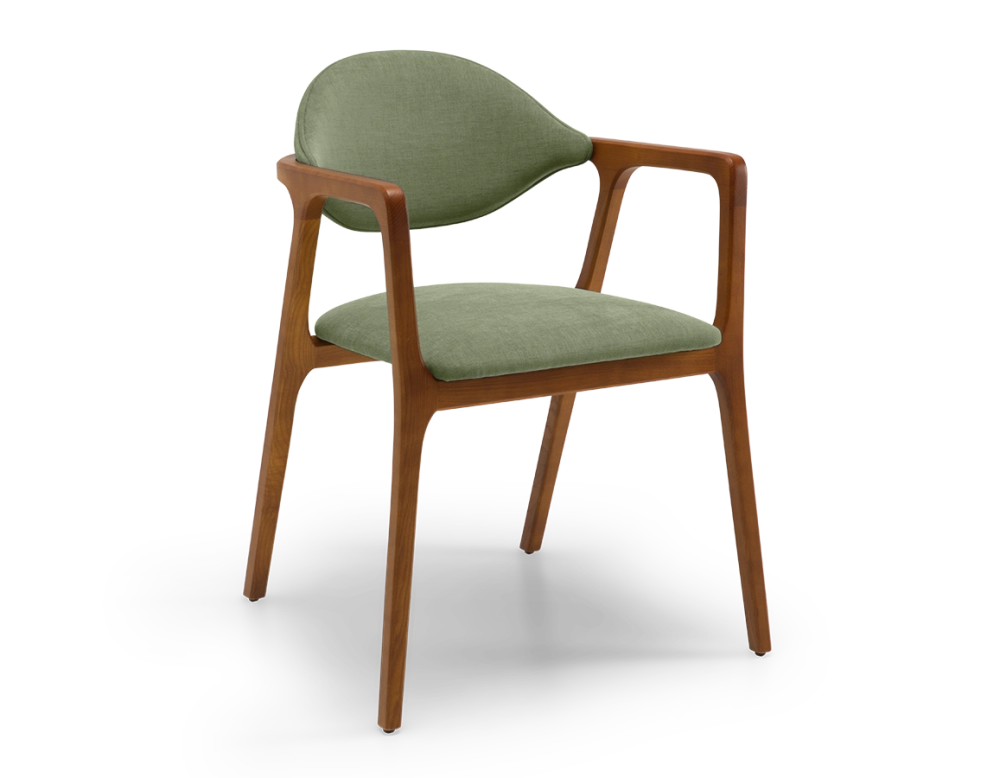 Chaise design avec accoudoirs bois teinte merisier et tissu vert
