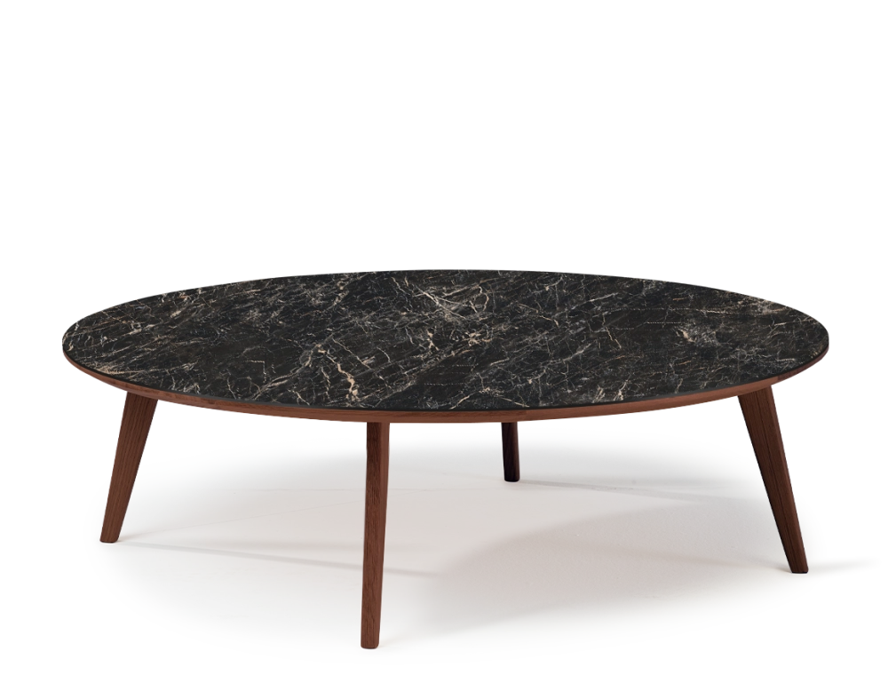 Table basse ronde F1 en chêne et céramique bois teinte marron foncé plateau céramique effet marbre noir 90x90x30 cm