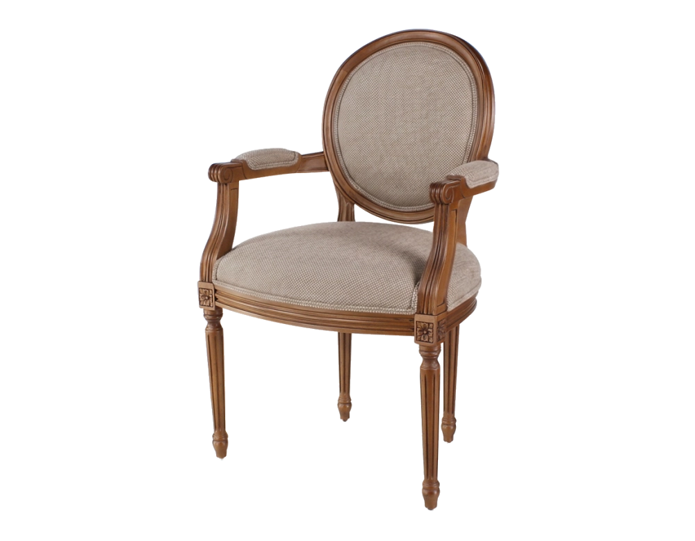 Fauteuil ancien style Louis XVI bois teinte ancienne et tissu chiné beige, gris et orange