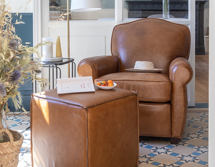 Fauteuil club cuir cognac