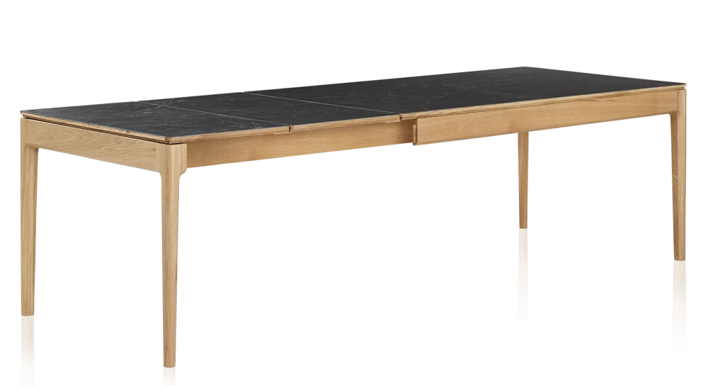 Table extensible en chêne et céramique 6 à 10 personnes allonges céramique avec bois teinte naturelle et plateau et allonges céramique effet ardoise 140x90 cm