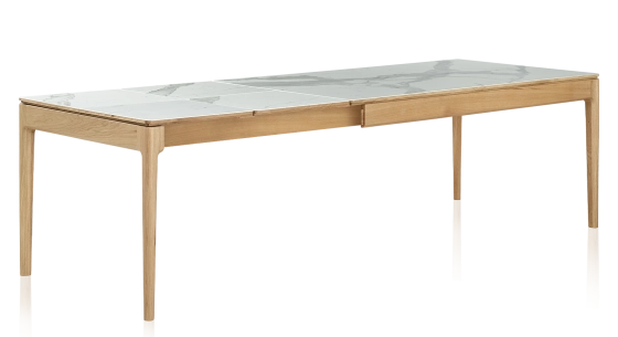 Table extensible 6 à 10 personnes en chêne et céramique allonges céramique avec bois teinte naturelle et plateau et allonges céramique effet marbre blanc 160x100 cm
