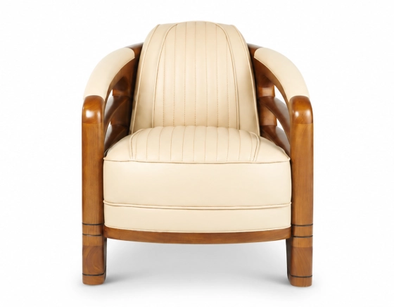 Fauteuil club bois et cuir beige