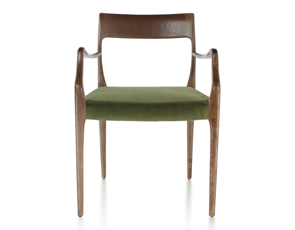 Chaise scandinave avec accoudoirs bois teinte marron foncé assise tissu vert olive