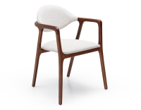 Chaise design avec accoudoirs bois teinte merisier et tissu bouclé blanc