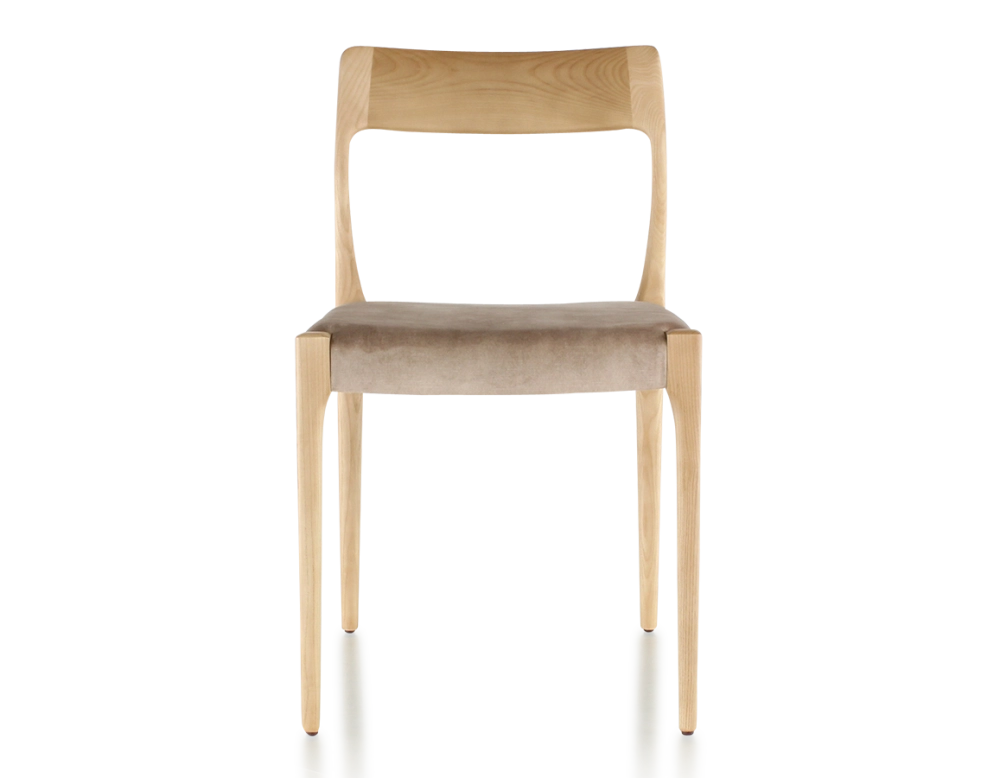 Chaise scandinave bois teinte naturelle assise tissu velours taupe clair