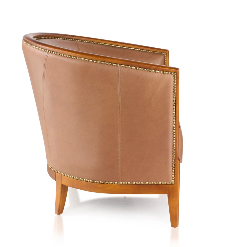 Fauteuil ancien teinte merisier et cuir noisette