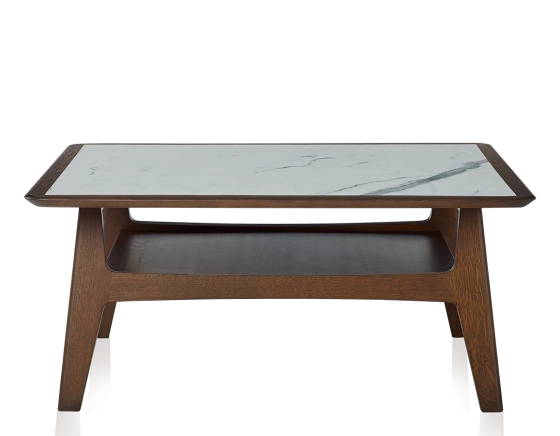 Table basse carrée en chêne et céramique avec bois teinte marron foncé plateau céramique effet marbre blanc 100x100 cm