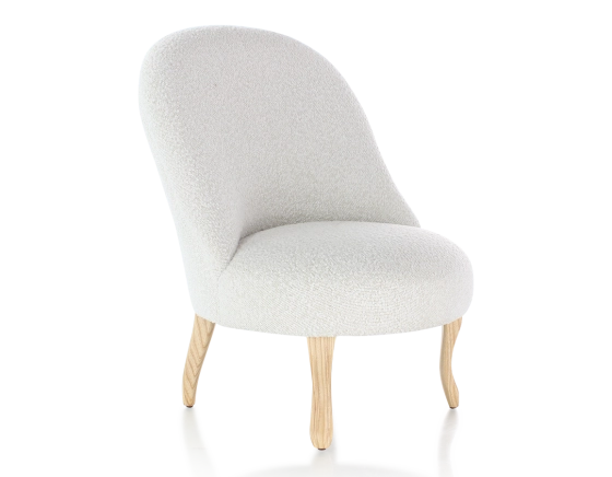 Fauteuil crapaud sans accoudoirs pieds bois teinte naturelle et tissu bouclé blanc