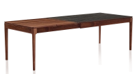 Table extensible 8 à 12 personnes en noyer et céramique allonges bois avec bois teinte naturelle et plateau céramique effet marbre noir 180x100 cm