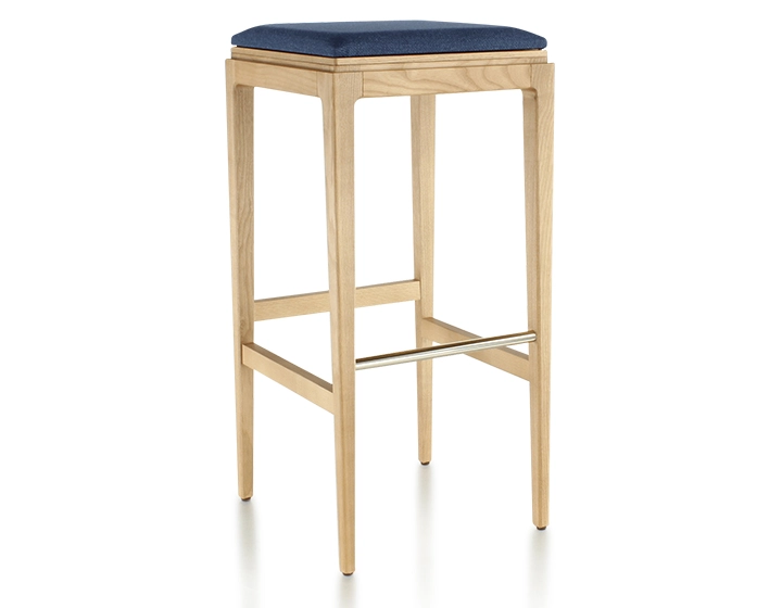 Tabouret de bar design H80 cm bois teinte naturelle assise tissu bleu marine