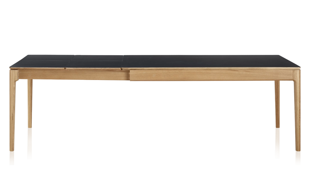 Table extensible 6 à 10 personnes en chêne et céramique allonges céramique avec bois teinte naturelle et plateau et allonges céramique noire unie 160x100 cm